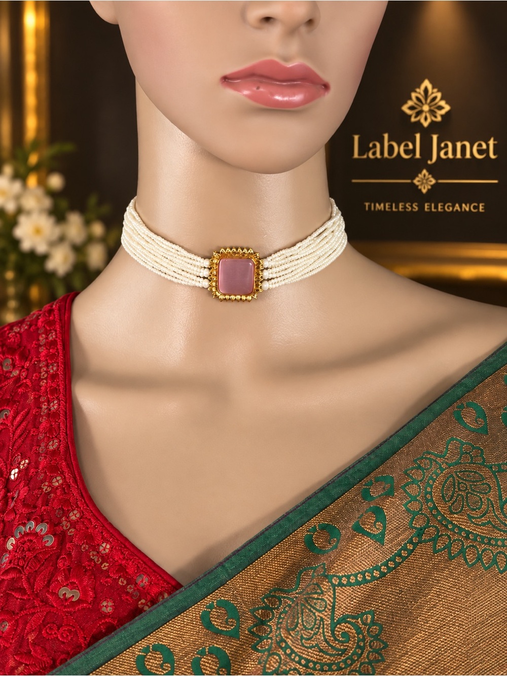Pink Stone Pearl Choker Necklace with Matching Earrings